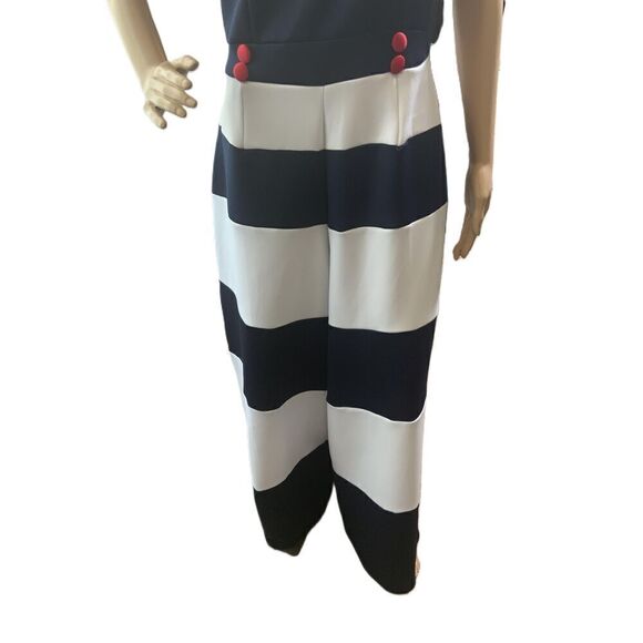 Custom Dark Blue And White Striped Sleeveless Bow Detail Jumpsuit Size M - Picture 5 of 16